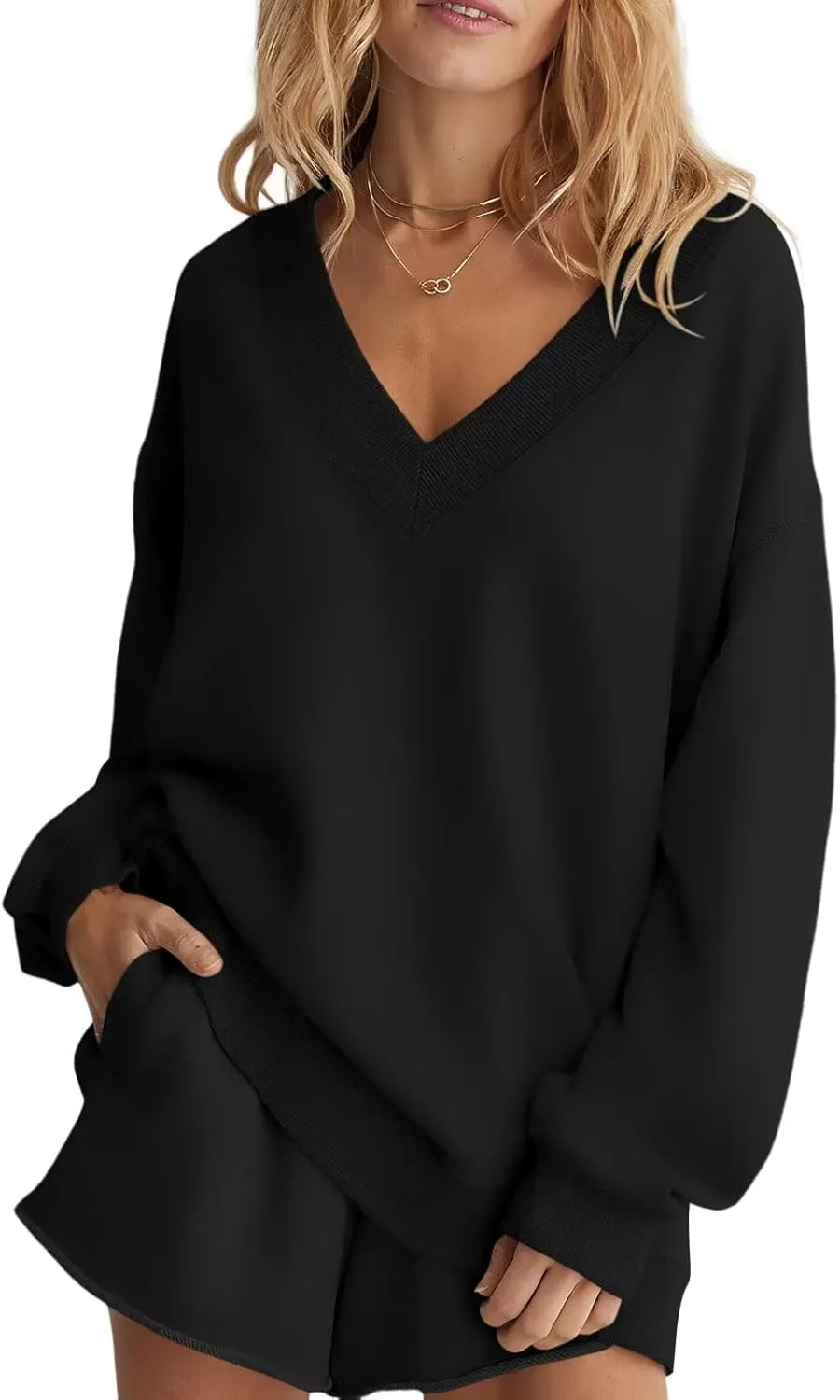 Womens Oversized V Neck Sweatshirts Casual Fleece Long Sleeve Pullover Fall Loose Fit Sweater Tops 2025 Black